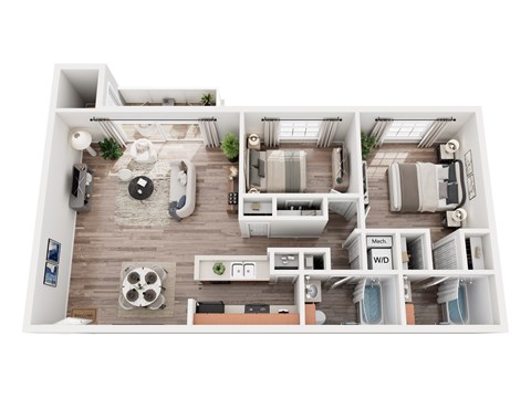 Floor plan for 2 beds, 2 baths, 1000 sqft